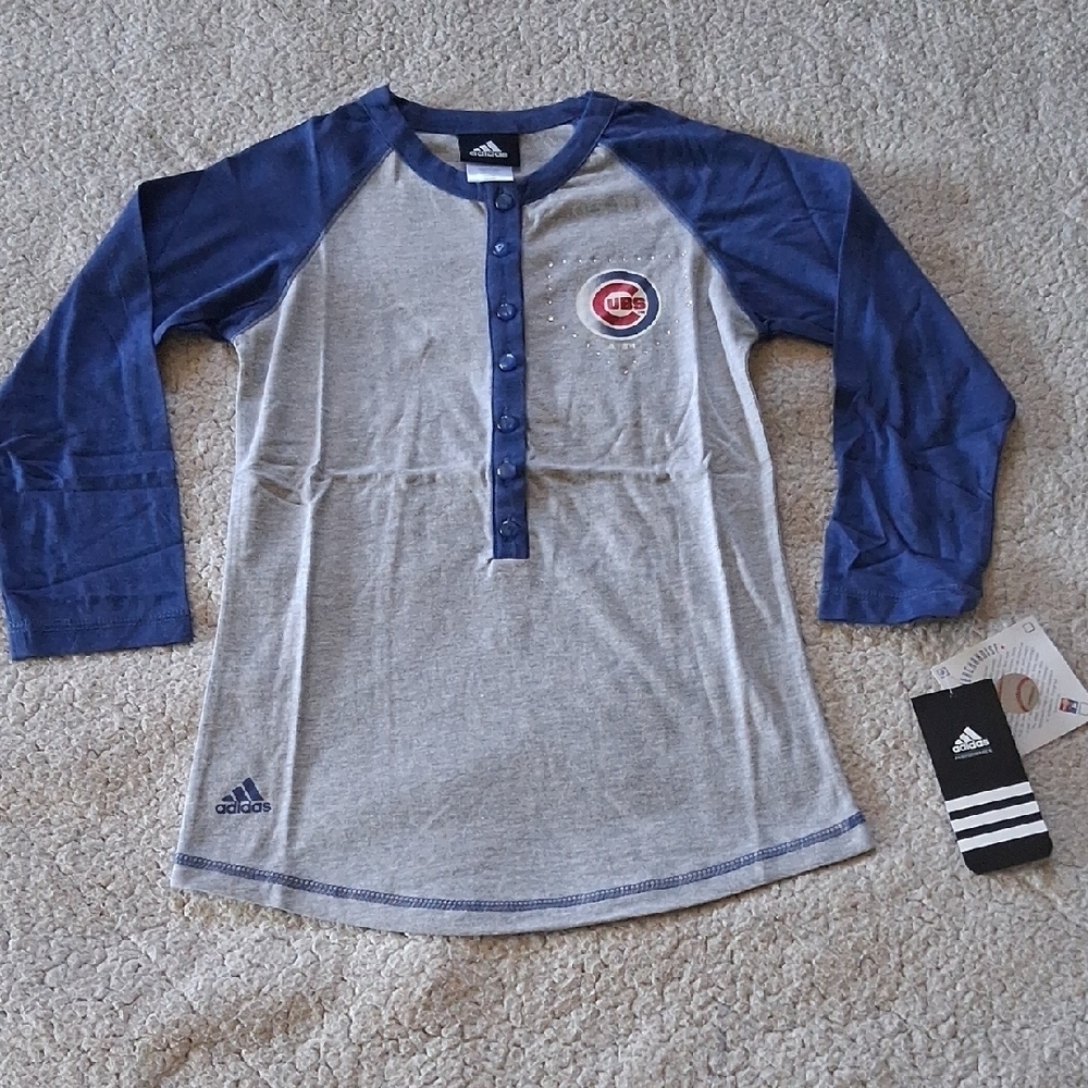 New Adidas Kids Chicago Cubs Long Sleeve Shirt in Blue and Gray